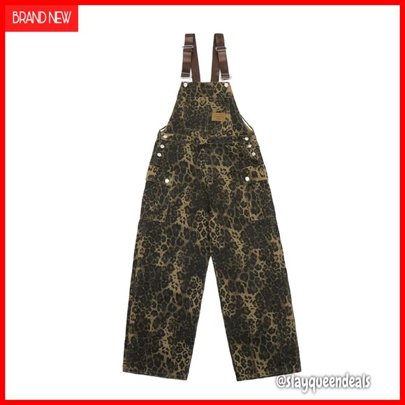 Women's Leopard Print Denim Overalls Wide Leg Loose Fit Jumpsuit